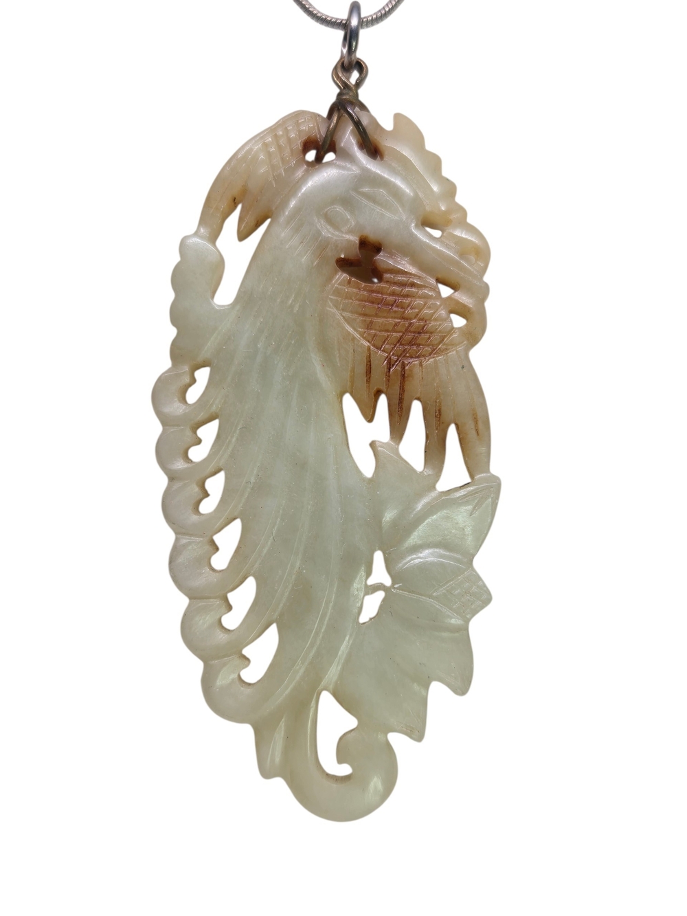 Carved Jade Bird Pendant 925 Sterling Silver Necklace - Picture 3 of 8
